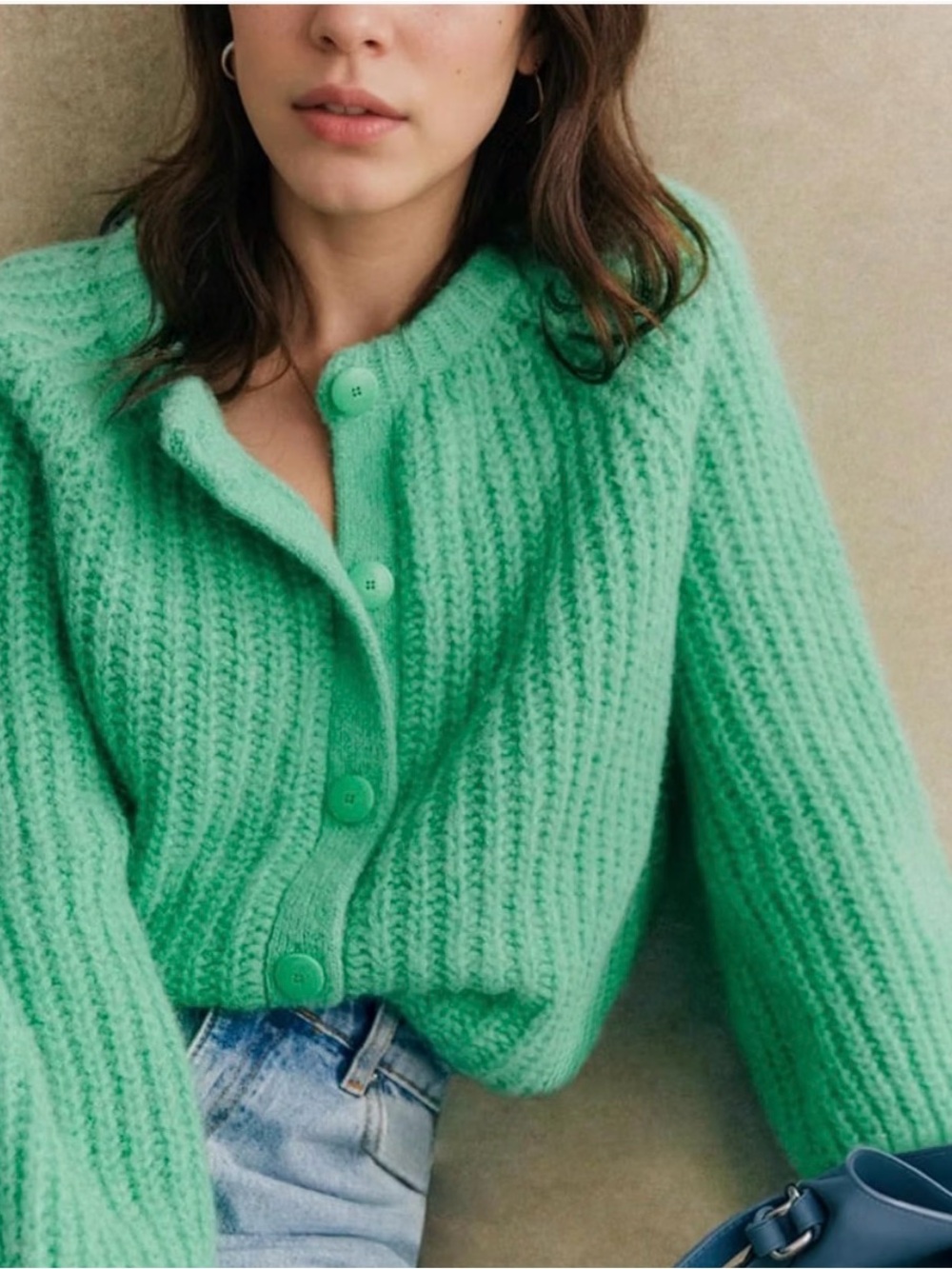Green Chunky Knit Button-Front Cardigan Sweater
